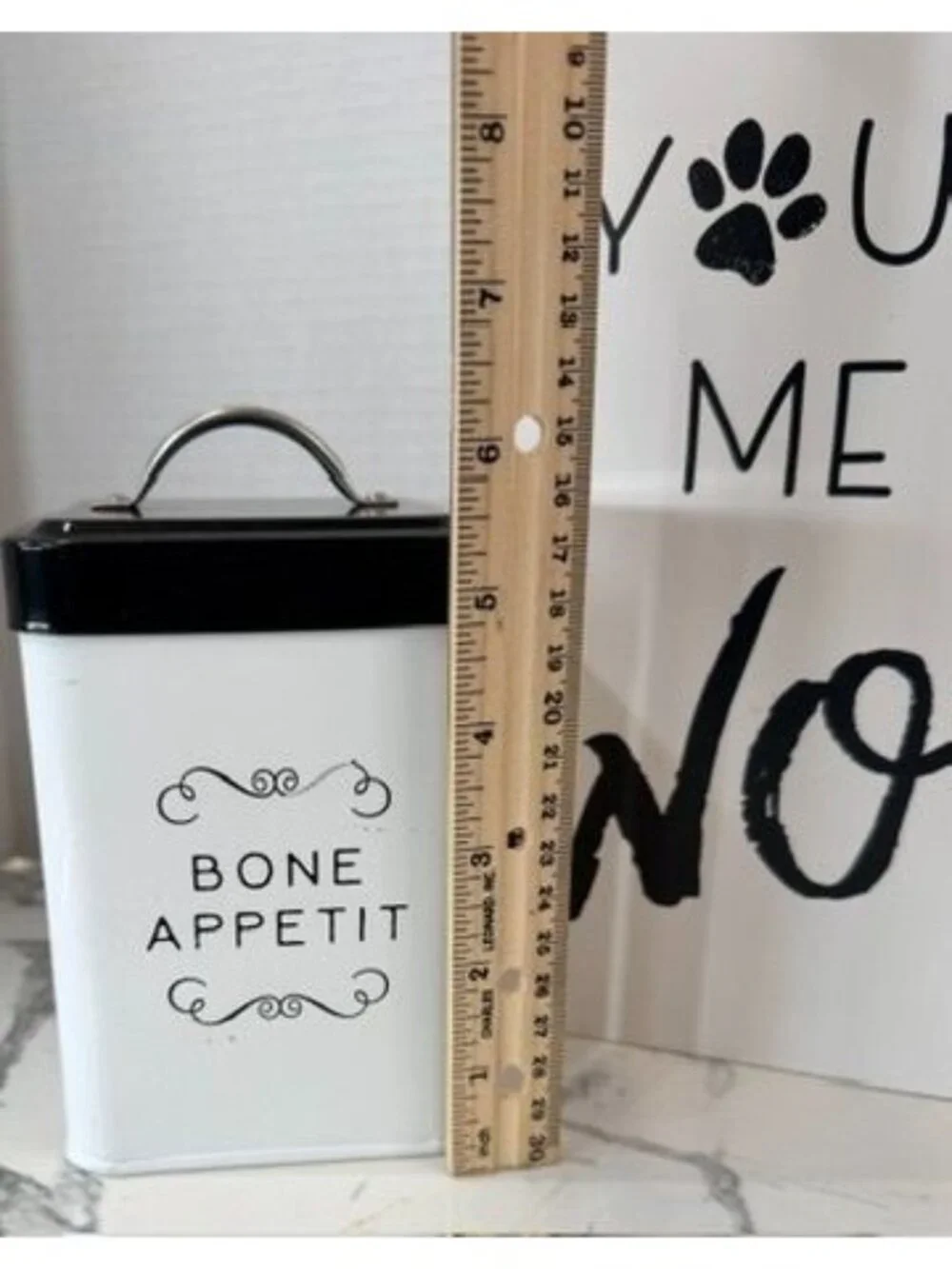 Dog lovers!  Woof signage and lidded treat can, man's best friend, treats,
